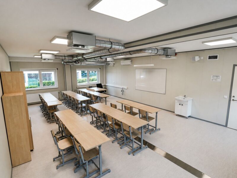 Modular classroom interior with desks, ventilation and technical systems