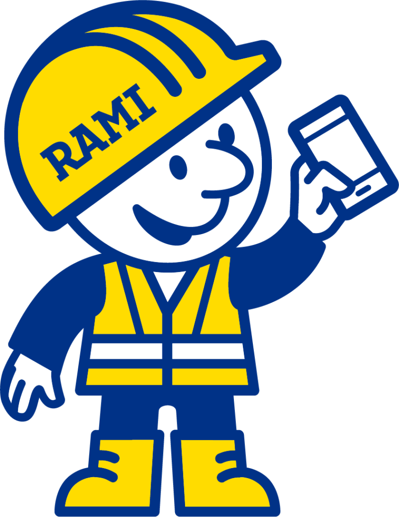 Rami mascot next to Ramirent Modular Factory contact information